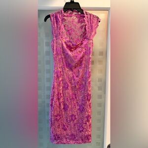 Hot Miami Styles Vibrant Pink Lace Midi Dress